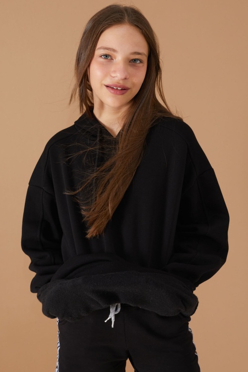 Kız Çocuk Siyah Basic Uzun Kol Şardonlu Kapüşonlu Sweatshirt 19185