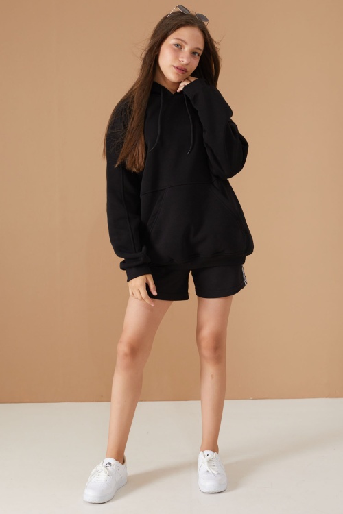 Kız Çocuk Siyah Basic Uzun Kol Şardonlu Kapüşonlu Sweatshirt 19185