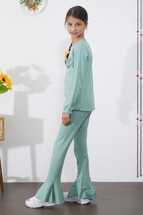 Kız Çocuk Yeşil Fiyonklu İspanyol Paça Taytlı Takım 18609