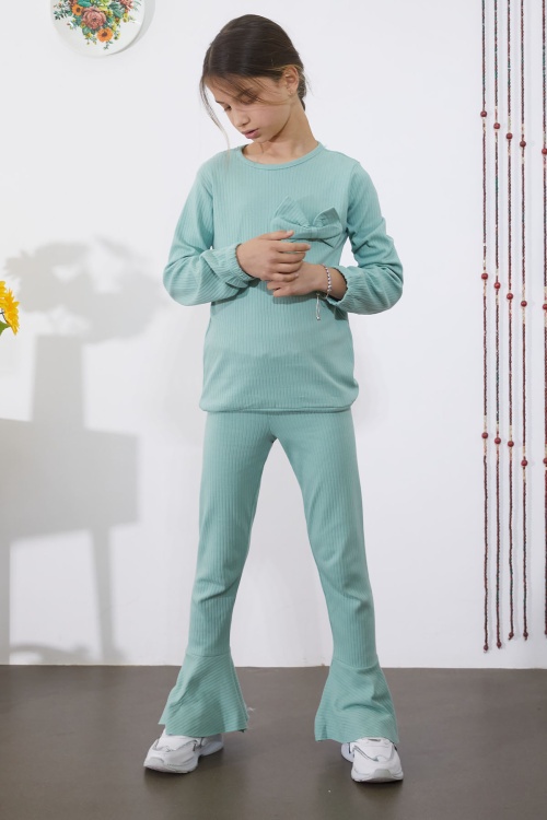 Kız Çocuk Yeşil Fiyonklu İspanyol Paça Taytlı Takım 18609