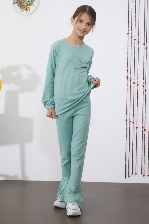 Kız Çocuk Yeşil Fiyonklu İspanyol Paça Taytlı Takım 18609