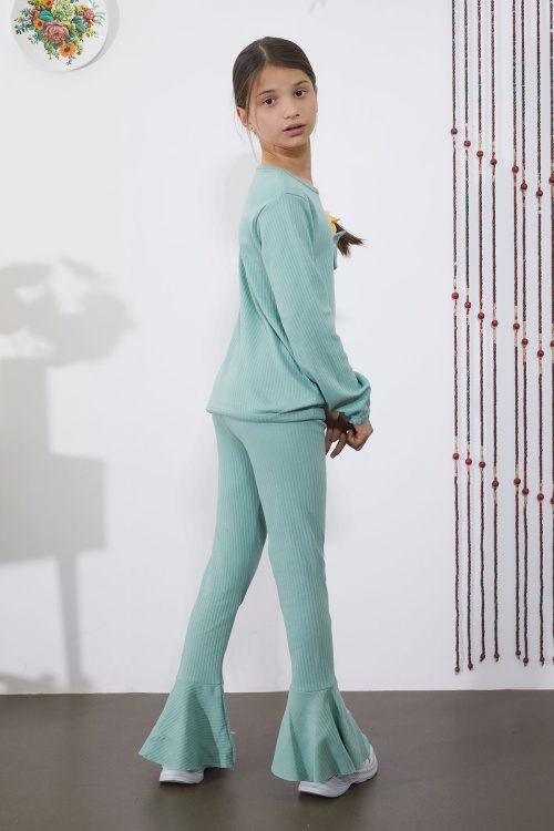 Kız Çocuk Yeşil Fiyonklu İspanyol Paça Taytlı Takım 18609