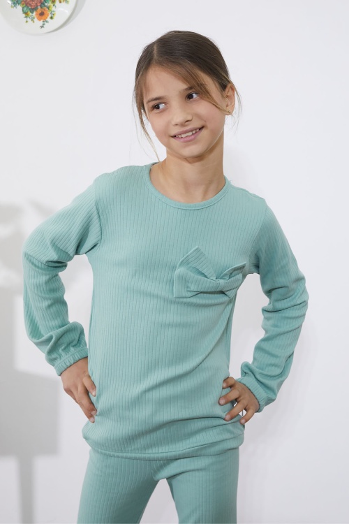 Kız Çocuk Yeşil Fiyonklu İspanyol Paça Taytlı Takım 18609