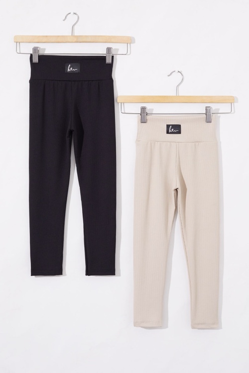 Kız Çocuk Yüksek Bel Fitilli 2li Basic Tayt Siyah-Krem 18693