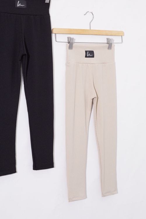 Kız Çocuk Yüksek Bel Fitilli 2li Basic Tayt Siyah-Krem 18693