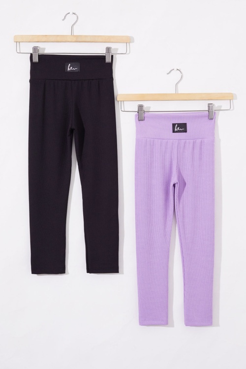 Kız Çocuk Yüksek Bel Fitilli 2li Basic Tayt Siyah-Lila 18694
