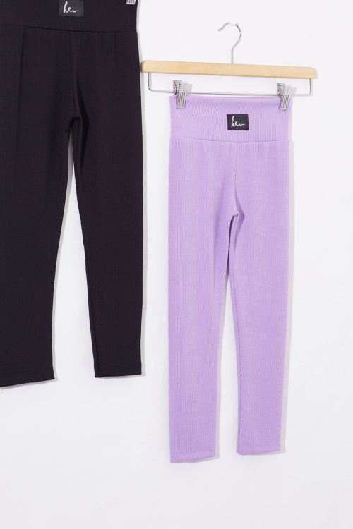 Kız Çocuk Yüksek Bel Fitilli 2li Basic Tayt Siyah-Lila 18694