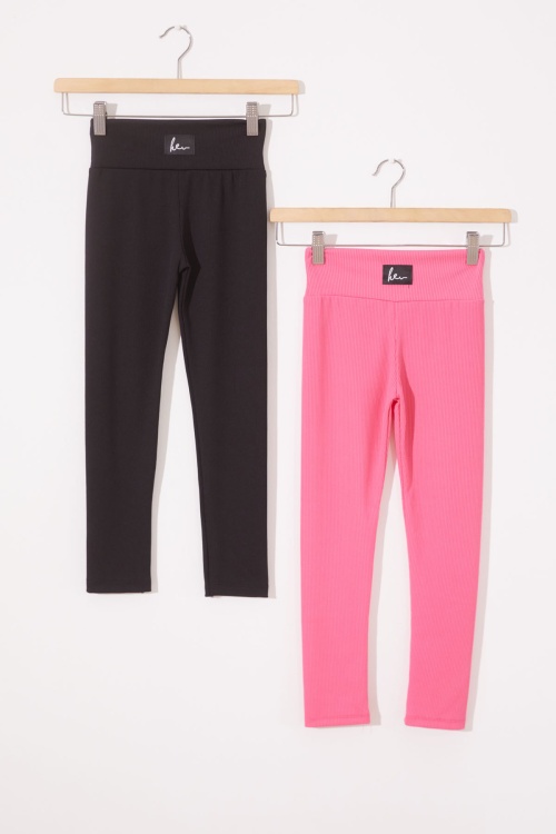 Kız Çocuk Yüksek Bel Fitilli 2li Basic Tayt Siyah-Pembe 18972