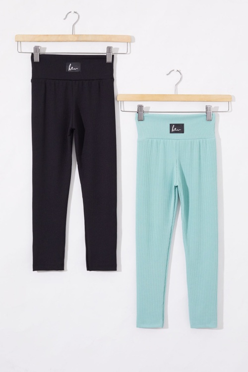 Kız Çocuk Yüksek Bel Fitilli 2li Basic Tayt Siyah-Yeşil 18695