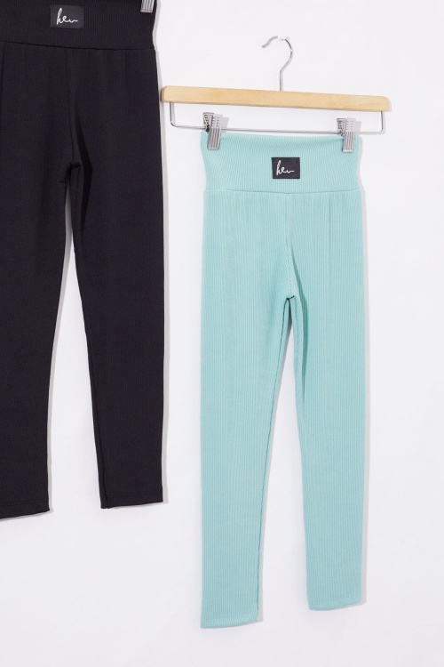 Kız Çocuk Yüksek Bel Fitilli 2li Basic Tayt Siyah-Yeşil 18695