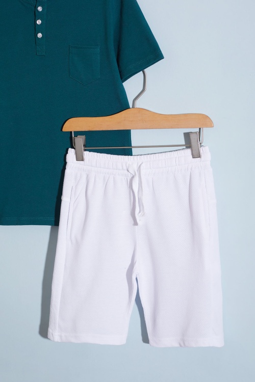 Koyu Yeşil Kısa Kollu Düğmeli Tişörtlü Erkek Çocuk Şortlu Takım 18638