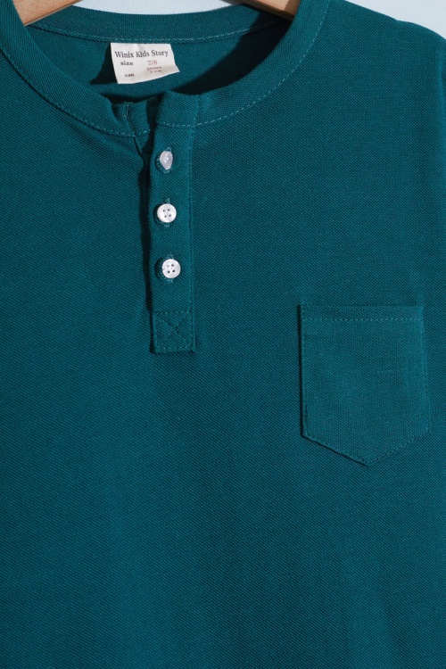 Koyu Yeşil Kısa Kollu Düğmeli Tişörtlü Erkek Çocuk Şortlu Takım 18638