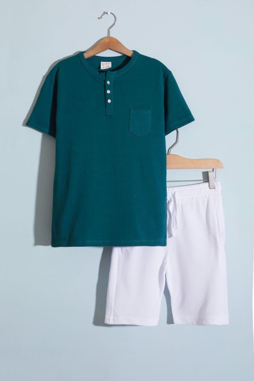 Koyu Yeşil Kısa Kollu Düğmeli Tişörtlü Erkek Çocuk Şortlu Takım 18638