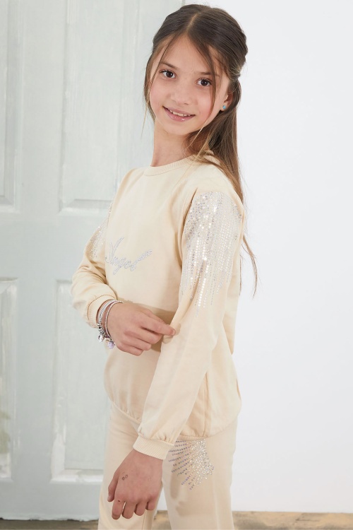 Krem Angel Nakışlı Payetli Kız Çocuk Eşofman Takımı 18579