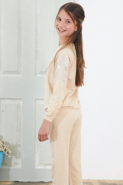 Krem Angel Nakışlı Payetli Kız Çocuk Eşofman Takımı 18579