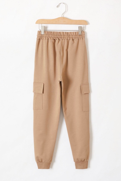 Krem Beli Lastikli Basic Kargo Cepli Kız Çocuk Okul Eşofman Altı 19194