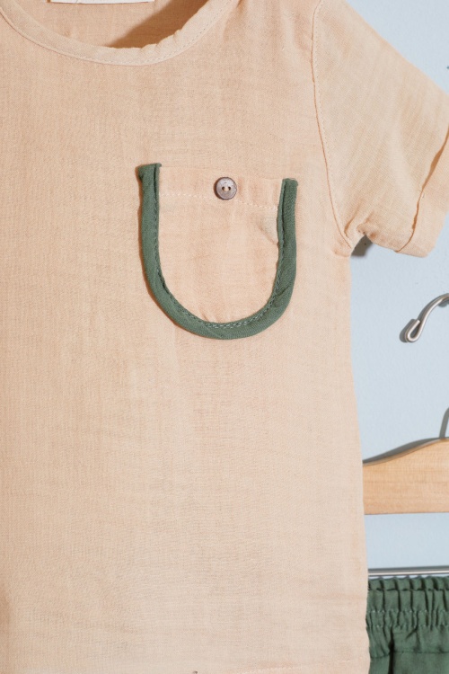 Krem Cep Detaylı Çıtçıt Yakalı Erkek Bebek Şortlu Takım 18732