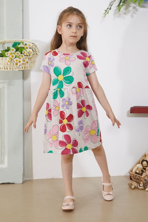 Krem Çiçek Baskılı Kısa Kollu Kız Çocuk Elbise 18797