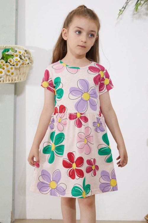 Krem Çiçek Baskılı Kısa Kollu Kız Çocuk Elbise 18797