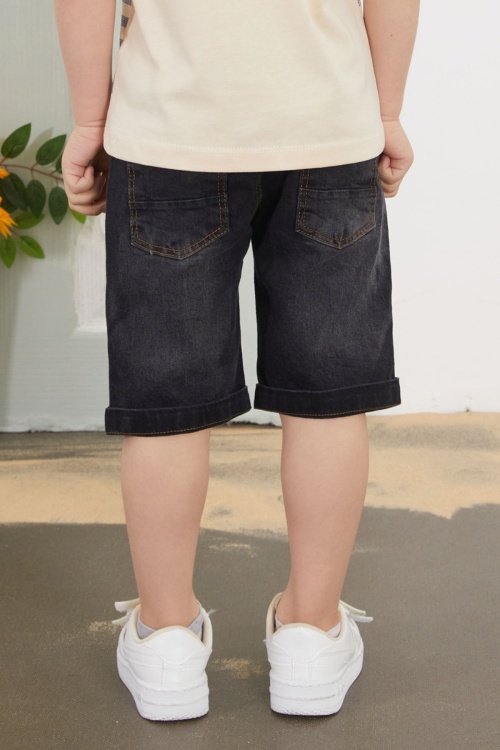 Krem Çizgili Polo Yaka Tişörtlü Jean Şortlu Erkek Çocuk Takım 18747