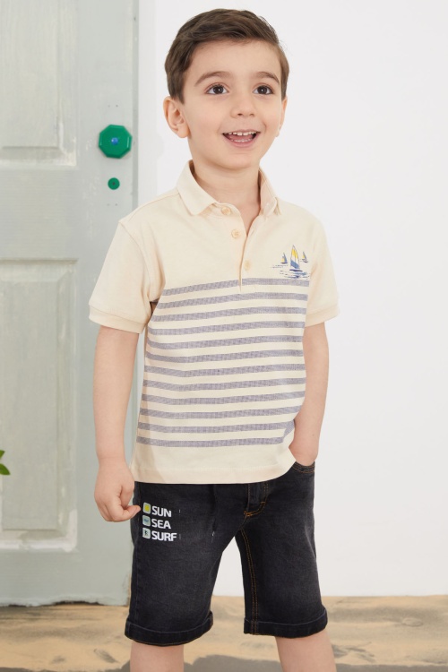 Krem Çizgili Polo Yaka Tişörtlü Jean Şortlu Erkek Çocuk Takım 18747
