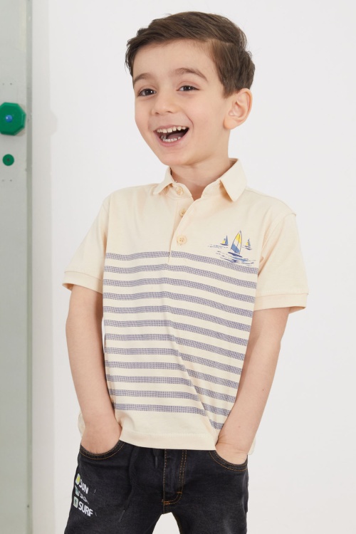 Krem Çizgili Polo Yaka Tişörtlü Jean Şortlu Erkek Çocuk Takım 18747