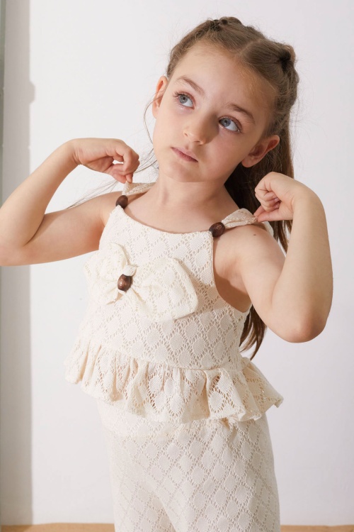 Krem Dantel Desenli Pantolonlu Kız Çocuk Croplu Takım 18757