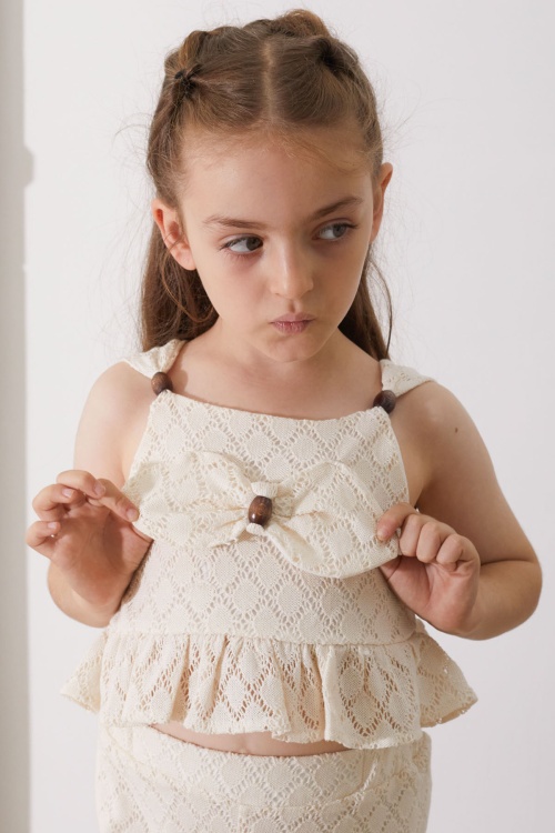 Krem Dantel Desenli Pantolonlu Kız Çocuk Croplu Takım 18757