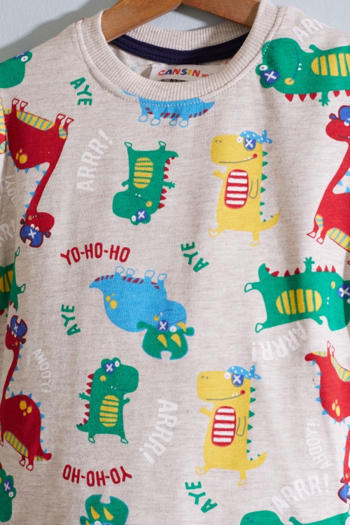 Krem Dino Baskılı Bisiklet Yaka Erkek Çocuk Şortlu Takım 19030