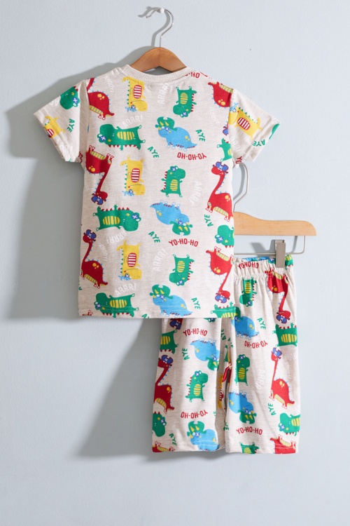 Krem Dino Baskılı Bisiklet Yaka Erkek Çocuk Şortlu Takım 19030