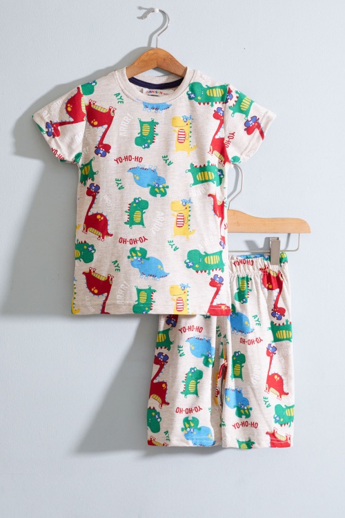 Krem Dino Baskılı Bisiklet Yaka Erkek Çocuk Şortlu Takım 19030