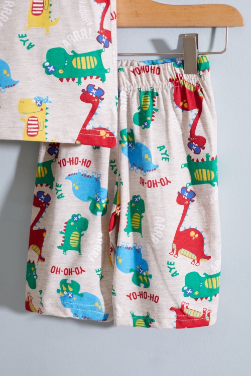 Krem Dino Baskılı Bisiklet Yaka Erkek Çocuk Şortlu Takım 19030