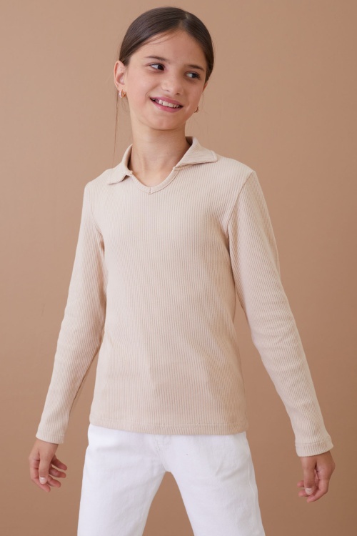 Krem Fitilli Yakalı Kız Çocuk Uzun Kollu Badi 18880