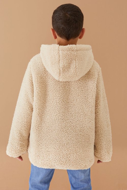 Krem Göğüs Cepli Kapüşonlu Erkek Çocuk Peluş Hırka 19502