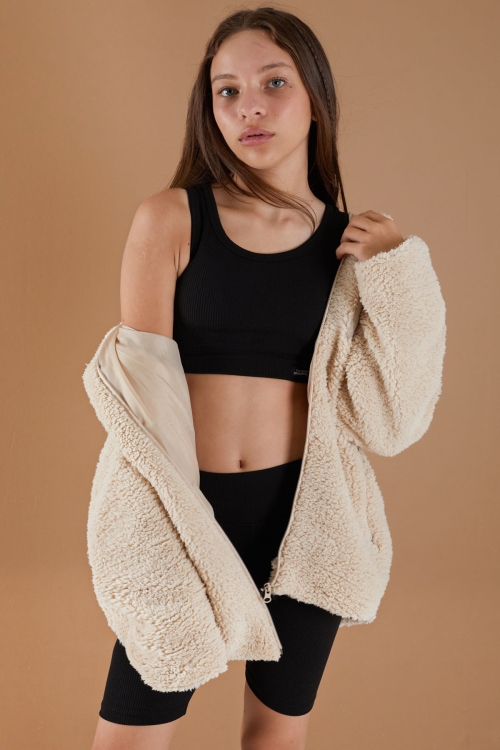 Krem Göğüs Cepli Kapüşonlu Kız Çocuk Peluş Hırka 19498