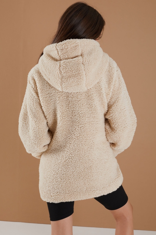 Krem Göğüs Cepli Kapüşonlu Kız Çocuk Peluş Hırka 19498