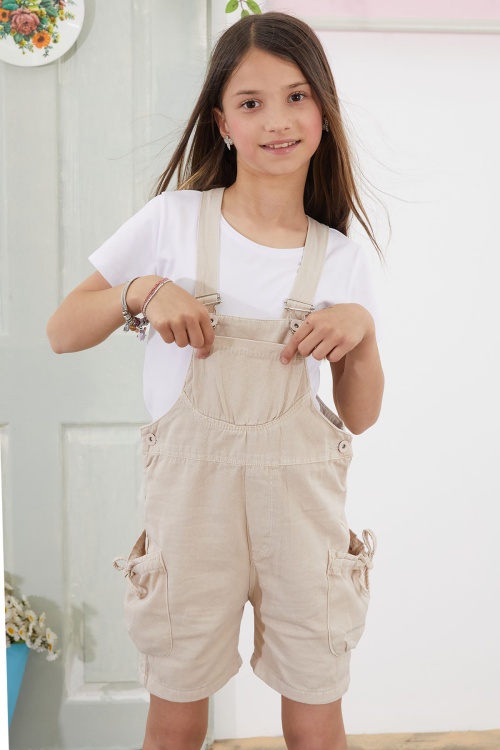 Krem Göğüs Cepli Kız Çocuk Şort Salopet Tulum 18777