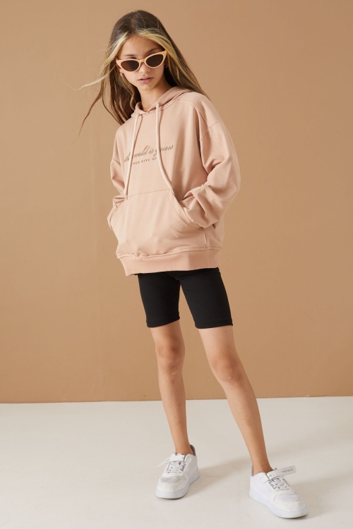 Krem Göğüs Yazılı Kanguru Cepli Kapüşonlu Kız Çocuk Sweatshirt 19337