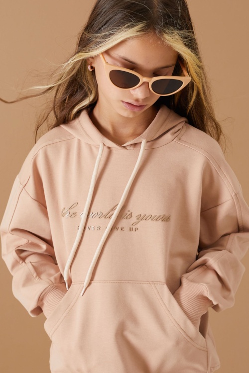 Krem Göğüs Yazılı Kanguru Cepli Kapüşonlu Kız Çocuk Sweatshirt 19337