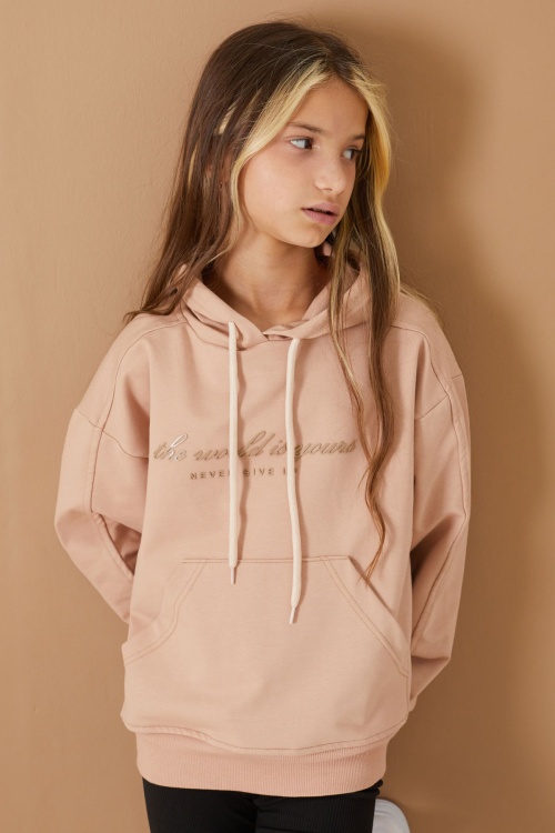 Krem Göğüs Yazılı Kanguru Cepli Kapüşonlu Kız Çocuk Sweatshirt 19337