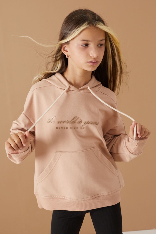 Krem Göğüs Yazılı Kanguru Cepli Kapüşonlu Kız Çocuk Sweatshirt 19337