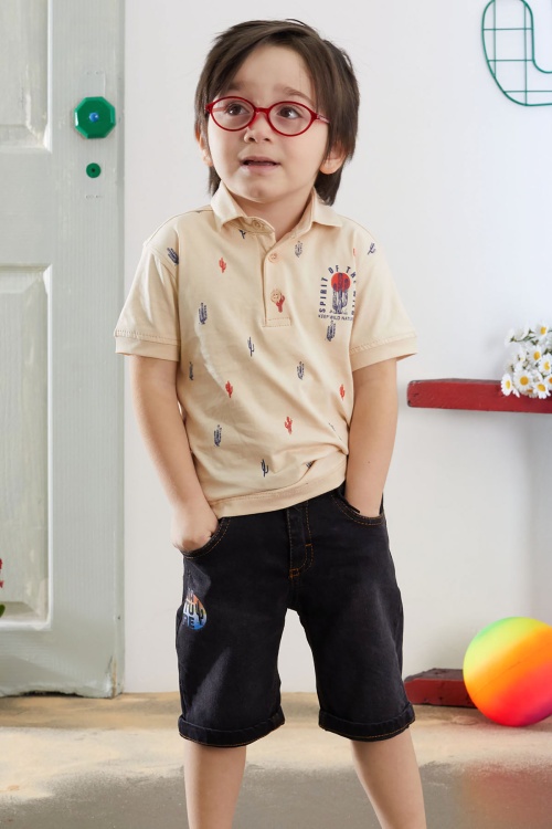 Krem Kaktüs Desenli Polo Yaka Jean Şortlu Erkek Çocuk Takım 18741