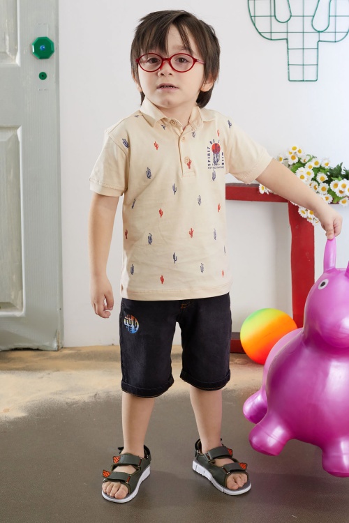 Krem Kaktüs Desenli Polo Yaka Jean Şortlu Erkek Çocuk Takım 18741