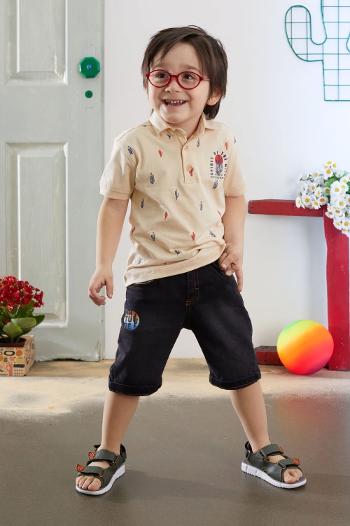 Krem Kaktüs Desenli Polo Yaka Jean Şortlu Erkek Çocuk Takım 18741