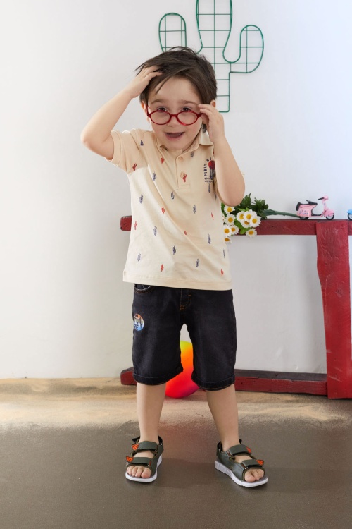 Krem Kaktüs Desenli Polo Yaka Jean Şortlu Erkek Çocuk Takım 18741