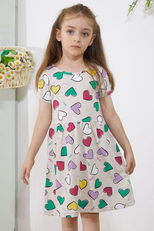 Krem Kalp Baskılı Kısa Kollu Kız Çocuk Elbise 18782