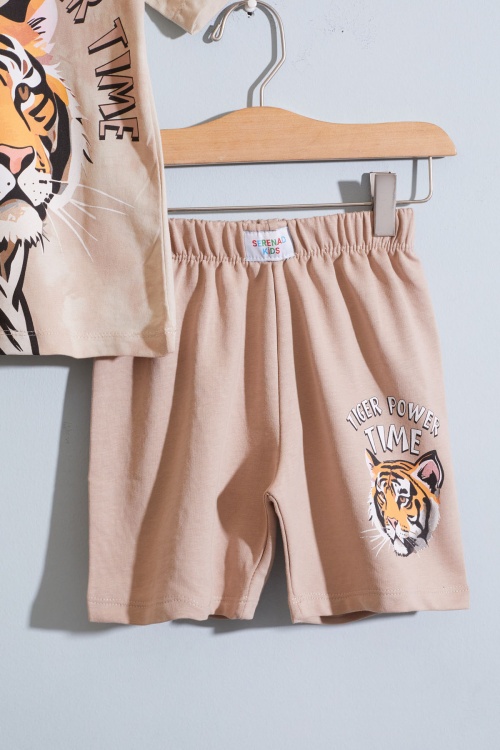 Krem Kaplan Baskılı Kısa Kollu Erkek Çocuk Şortlu Takım 18959