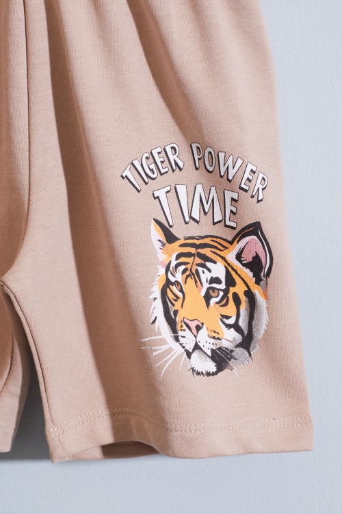 Krem Kaplan Baskılı Kısa Kollu Erkek Çocuk Şortlu Takım 18959