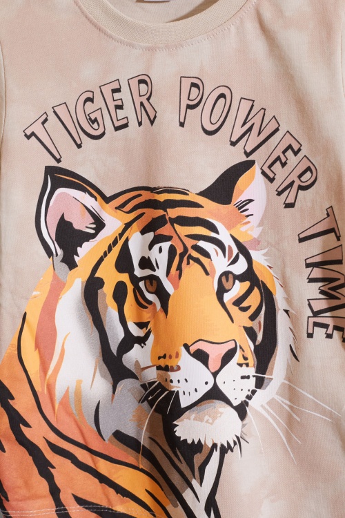 Krem Kaplan Baskılı Kısa Kollu Erkek Çocuk Şortlu Takım 18959