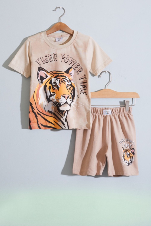 Krem Kaplan Baskılı Kısa Kollu Erkek Çocuk Şortlu Takım 18959